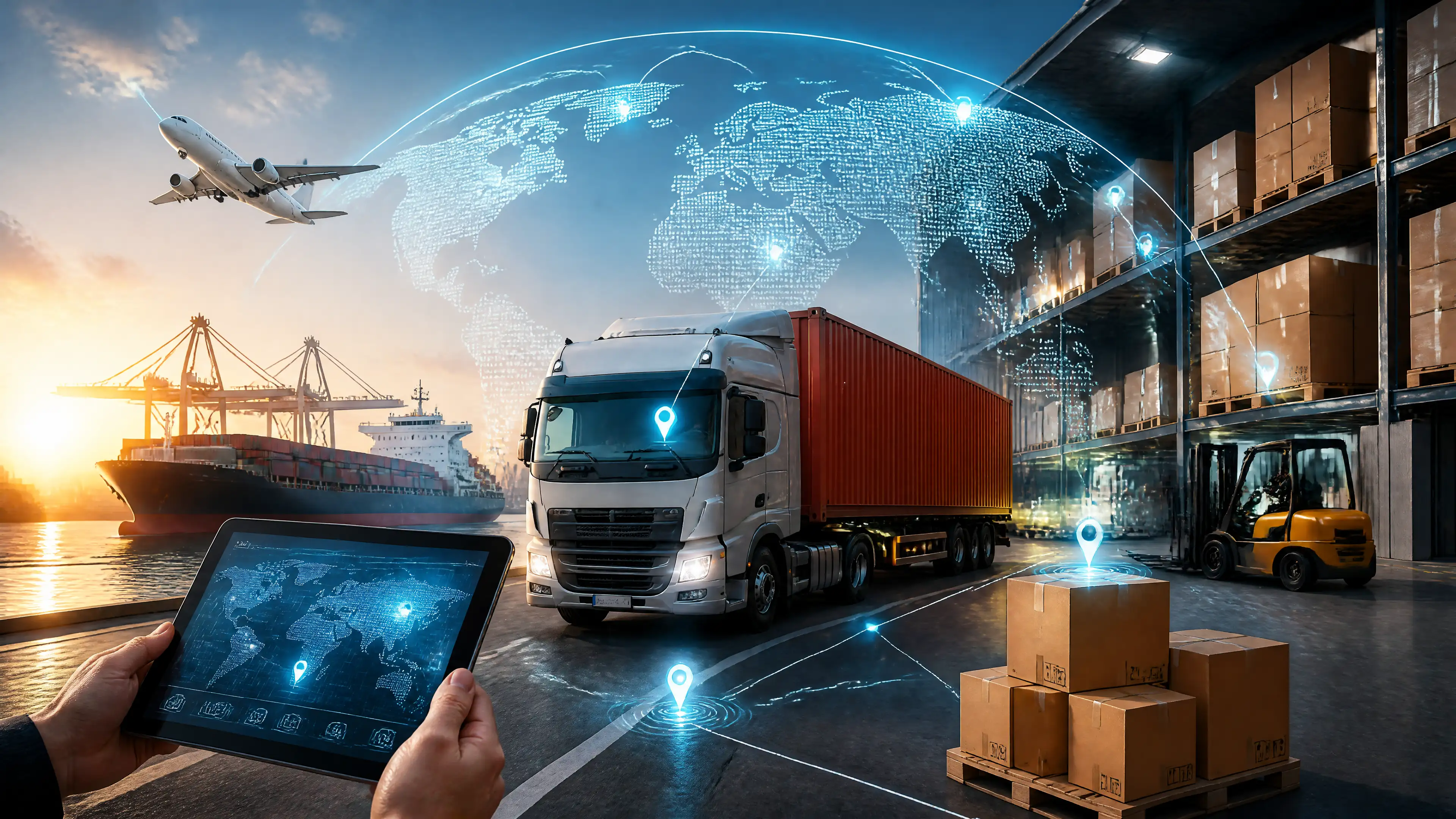 IoT in logistics providing real-time tracking of vehicles, shipments, and assets to improve supply chain visibility and operational efficiency